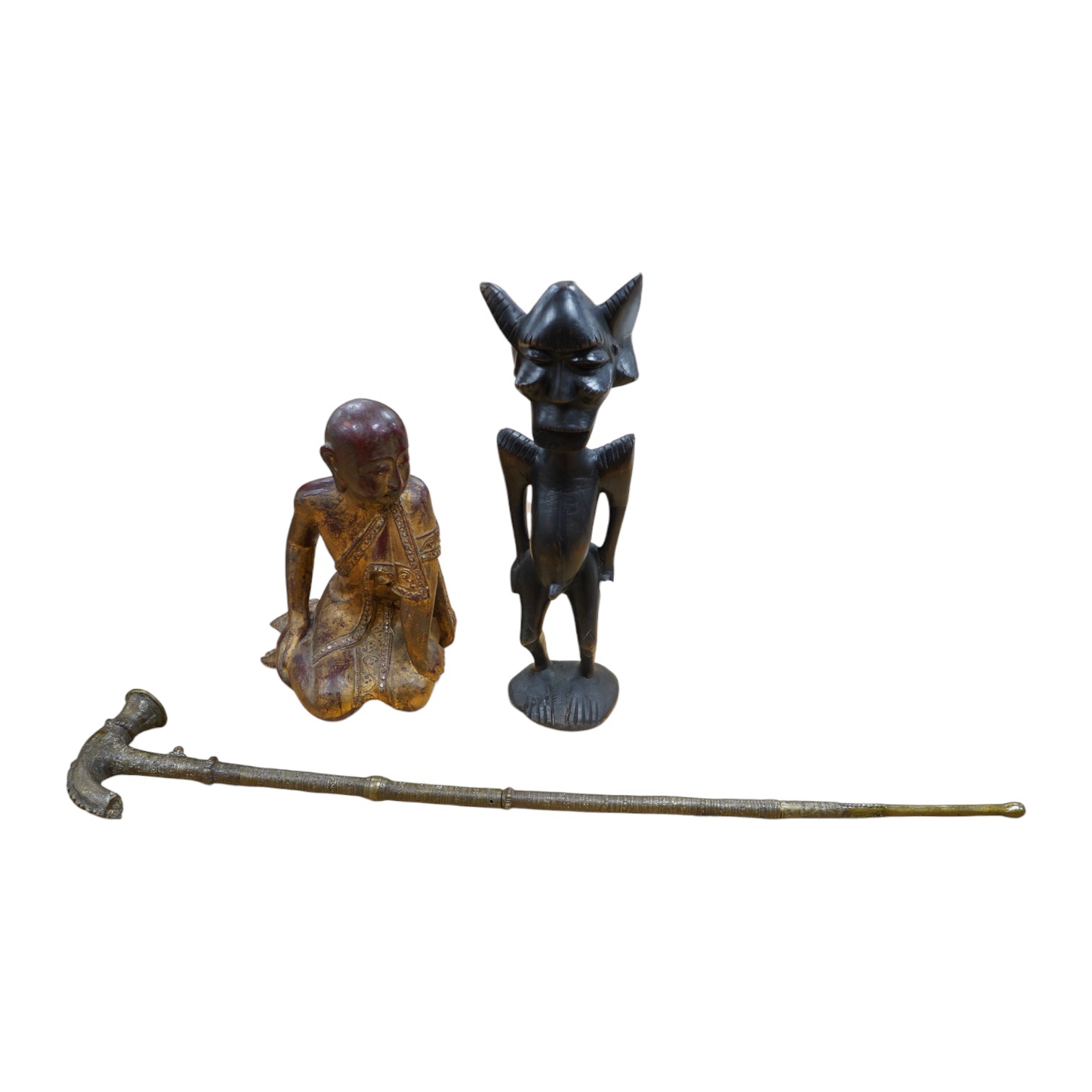 A Benin-type walking stick, 80cm long, an African tribal figure and a Chinese lacquered wood kneeling male (3). Condition - fair